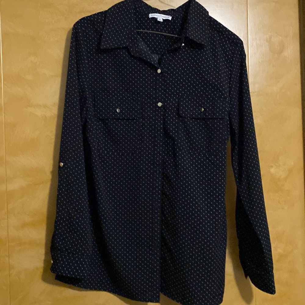 "NOTATIONS"- black and  white blouse.